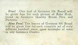 1928 Greiners Bread #41 Stanley Harris Back