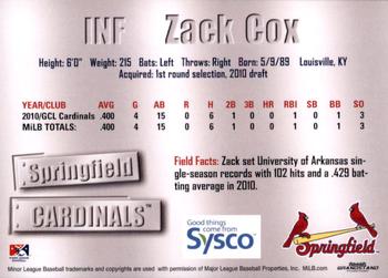 2011 Grandstand Springfield Cardinals SGA #NNO Zack Cox Back