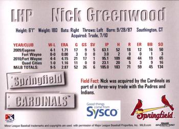 2011 Grandstand Springfield Cardinals SGA #NNO Nick Greenwood Back