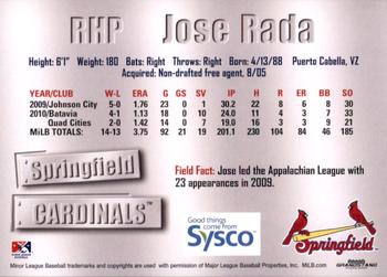 2011 Grandstand Springfield Cardinals SGA #NNO Jose Rada Back