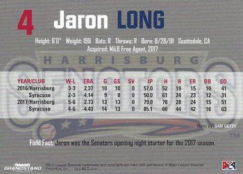 2018 Grandstand Harrisburg Senators #NNO Jaron Long Back