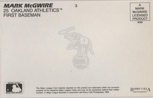1989 Barry Colla Mark McGwire Postcards #3 Mark McGwire Back