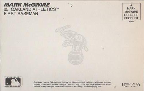 1989 Barry Colla Mark McGwire Postcards #5 Mark McGwire Back