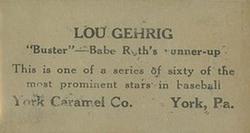 1927 York Caramel (E210) (Type 2) #26 Lou Gehrig Back