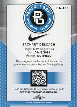 2016 Leaf Perfect Game National Showcase - Autographs Black #BA-155 Zachary DeLoach Back