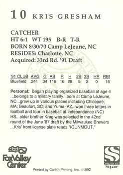 1992 Carlith Printing Kane County Cougars #NNO Kris Gresham Back