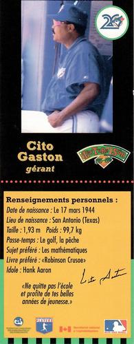1995-96 Hit the Books Toronto Blue Jays Bookmarks #NNO Cito Gaston Back
