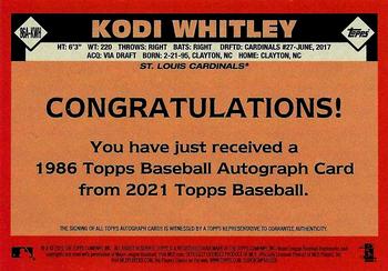 2021 Topps - 1986 Topps Baseball 35th Anniversary Autographs #86A-KWH Kodi Whitley Back