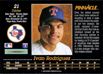 1993 Pinnacle #21 Ivan Rodriguez Back