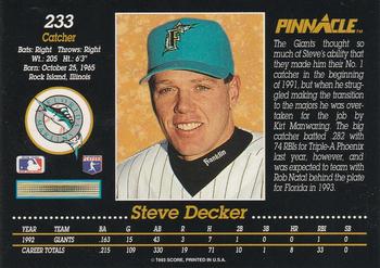 1993 Pinnacle #233 Steve Decker Back