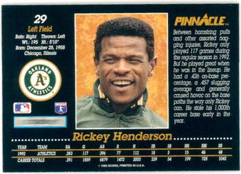 1993 Pinnacle #29 Rickey Henderson Back
