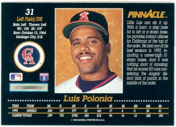 1993 Pinnacle #31 Luis Polonia Back