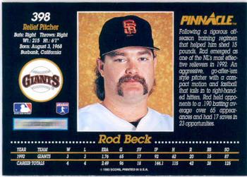 1993 Pinnacle #398 Rod Beck Back
