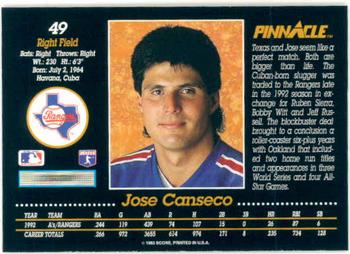 1993 Pinnacle #49 Jose Canseco Back