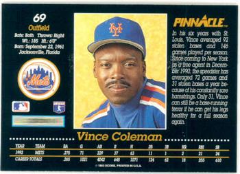 1993 Pinnacle #69 Vince Coleman Back
