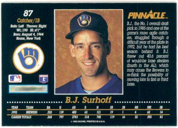 1993 Pinnacle #87 B.J. Surhoff Back