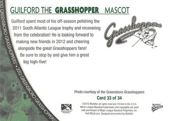 2012 MultiAd Greensboro Grasshoppers #33 Guilford the Grasshopper Back