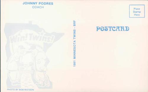 1981 Minnesota Twins Postcards - Facsimile Signatures #NNO Johnny Podres Back