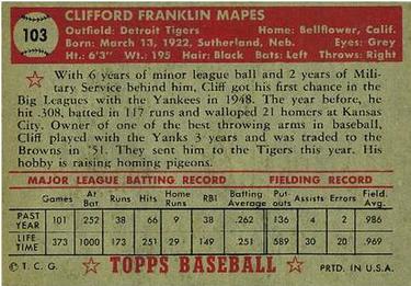 1952 Topps #103 Cliff Mapes Back