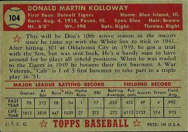 1952 Topps #104 Don Kolloway Back