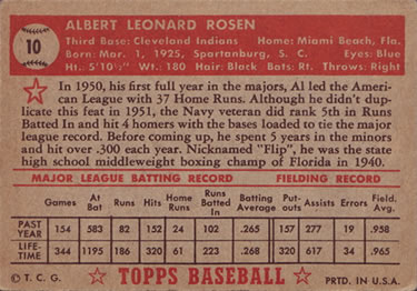 1952 Topps #10 Al Rosen Back