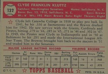 1952 Topps #132 Clyde Kluttz Back