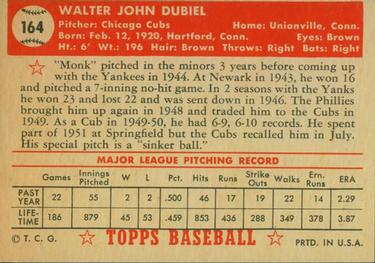 1952 Topps #164 Walt Dubiel Back