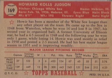 1952 Topps #169 Howie Judson Back