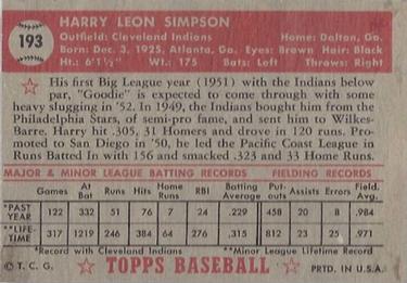 1952 Topps #193 Harry Simpson Back