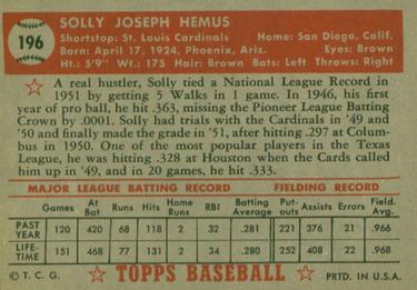 1952 Topps #196 Solly Hemus Back