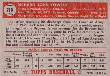 1952 Topps #210 Dick Fowler Back