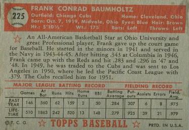 1952 Topps #225 Frank Baumholtz Back