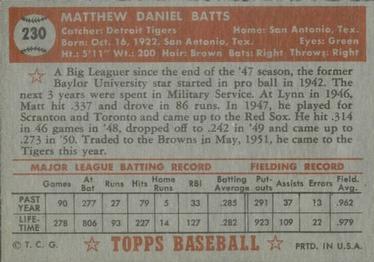 1952 Topps #230 Matt Batts Back