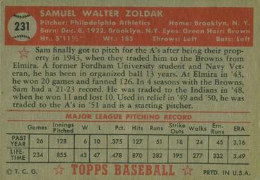 1952 Topps #231 Sam Zoldak Back