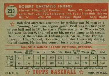 1952 Topps #233 Bob Friend Back