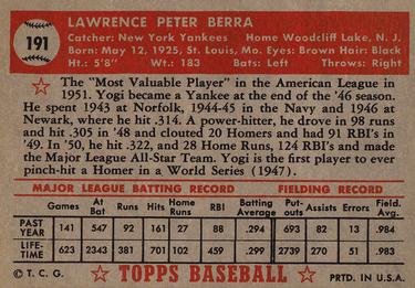 1952 Topps #191 Yogi Berra Back