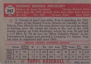 1952 Topps #242 Tom Poholsky Back