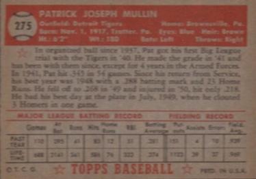 1952 Topps #275 Pat Mullin Back