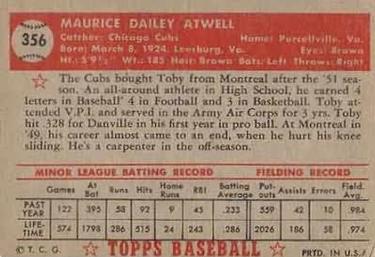 1952 Topps #356 Toby Atwell Back