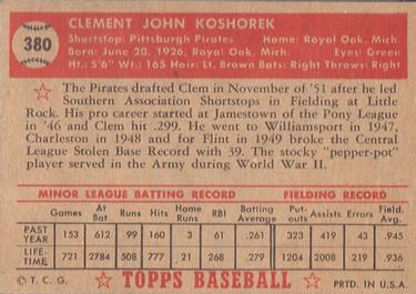 1952 Topps #380 Clem Koshorek Back