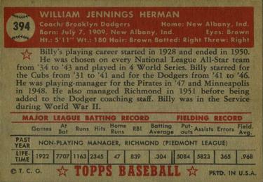 1952 Topps #394 Billy Herman Back