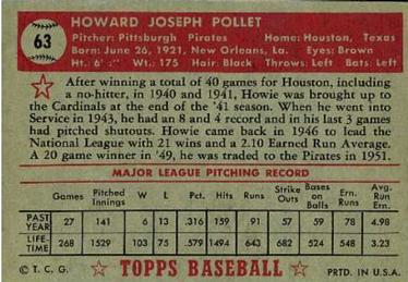 1952 Topps #63 Howie Pollet Back