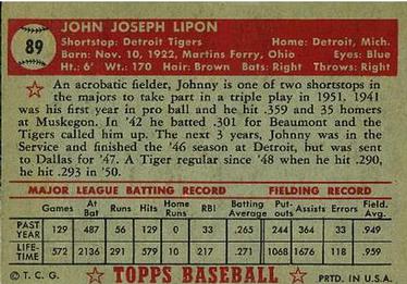 1952 Topps #89 Johnny Lipon Back