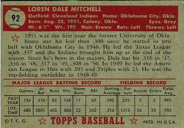1952 Topps #92 Dale Mitchell Back
