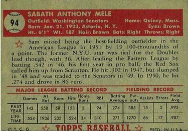 1952 Topps #94 Sam Mele Back