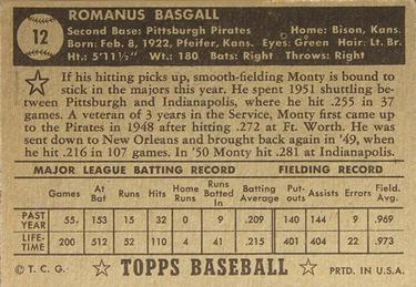 1952 Topps #12 Monty Basgall Back