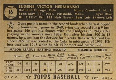 1952 Topps #16 Gene Hermanski Back