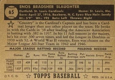 1952 Topps #65 Enos Slaughter Back