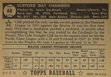 1952 Topps #68 Cliff Chambers Back