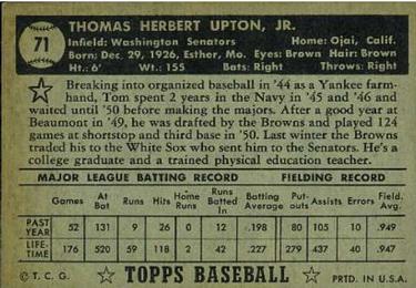 1952 Topps #71 Tom Upton Back